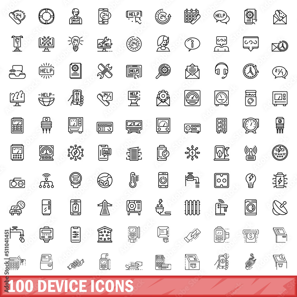 Poster 100 device icons set. outline illustration of 100 device icons vector set isolated on white backgrou