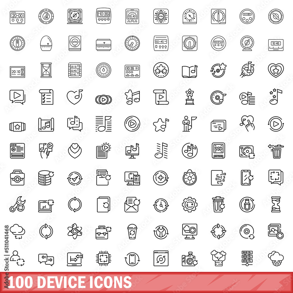 Wall mural 100 device icons set. outline illustration of 100 device icons vector set isolated on white backgrou - Wall murals