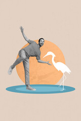 Composite collage image of excited carefree person black white gamma dance near drawing flamingo bird shade