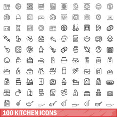 100 kitchen icons set. Outline illustration of 100 kitchen icons vector set isolated on white background - obrazy, fototapety, plakaty