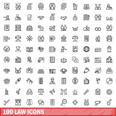 100 law icons set. Outline illustration of 100 law icons vector set isolated on white background - obrazy, fototapety, plakaty