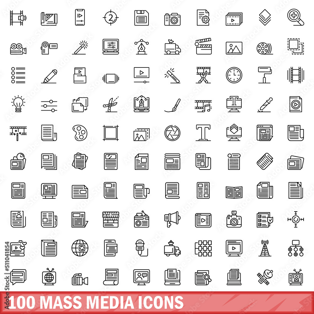 Wall mural 100 mass media icons set. outline illustration of 100 mass media icons vector set isolated on white 