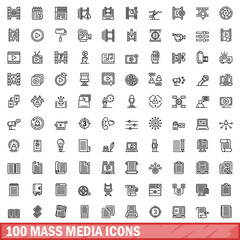 100 mass media icons set. Outline illustration of 100 mass media icons vector set isolated on white background