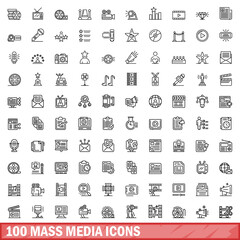 Obraz na płótnie Canvas 100 mass media icons set. Outline illustration of 100 mass media icons vector set isolated on white background