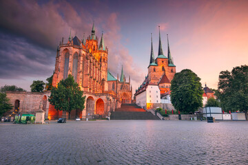 Erfurt, Germany. Cityscape image of downtown Erfurt, Germany with Erfurt Cathedral at summer sunset.