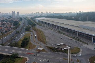 São Paulo, SP, Brazil, JUN 07, 2022, Drone image over São Paulo Expo, Exhibition & Convention Center, highway of immigrants,
