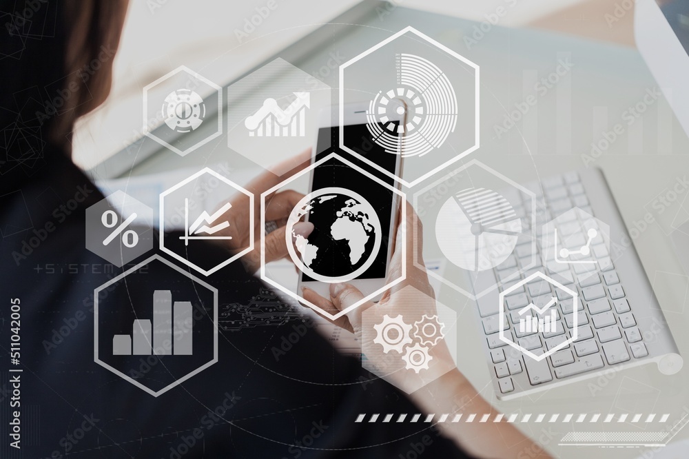 Poster intelligence and business analytics concept. man designer working on laptop computer