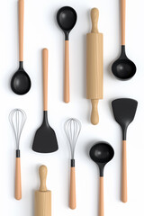 Wooden kitchen utensils, tools and equipment on white background.