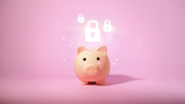 Piggy bank and key lock icon motion. Security money concept.