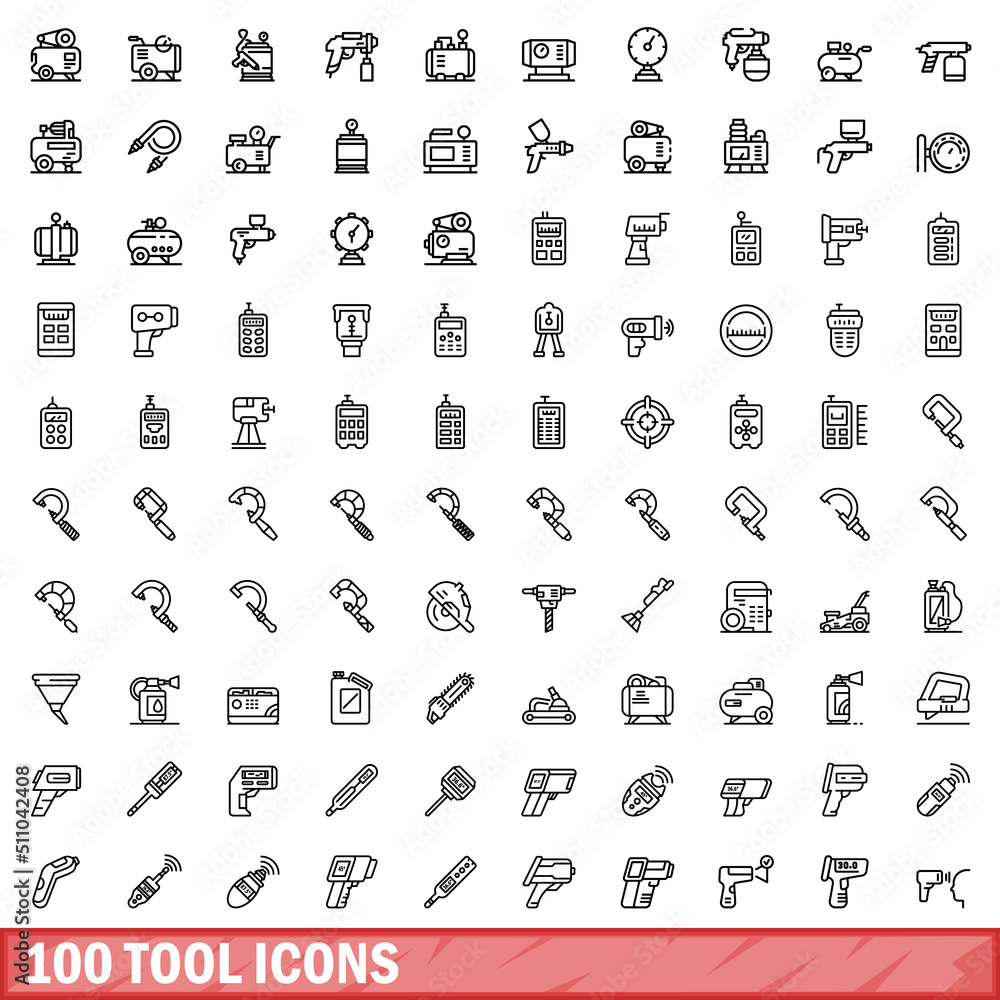 Poster 100 tool icons set. outline illustration of 100 tool icons vector set isolated on white background