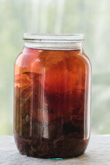 A glass of brown water from onion peel with onion skin. Traditional paints for homemade Easter eggs. Onions and onion peel. Side view