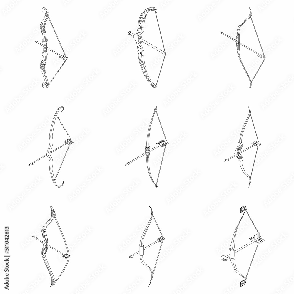 Poster bow weapon icon set. isometric set of bow weapon vector icons outline isolated on white background