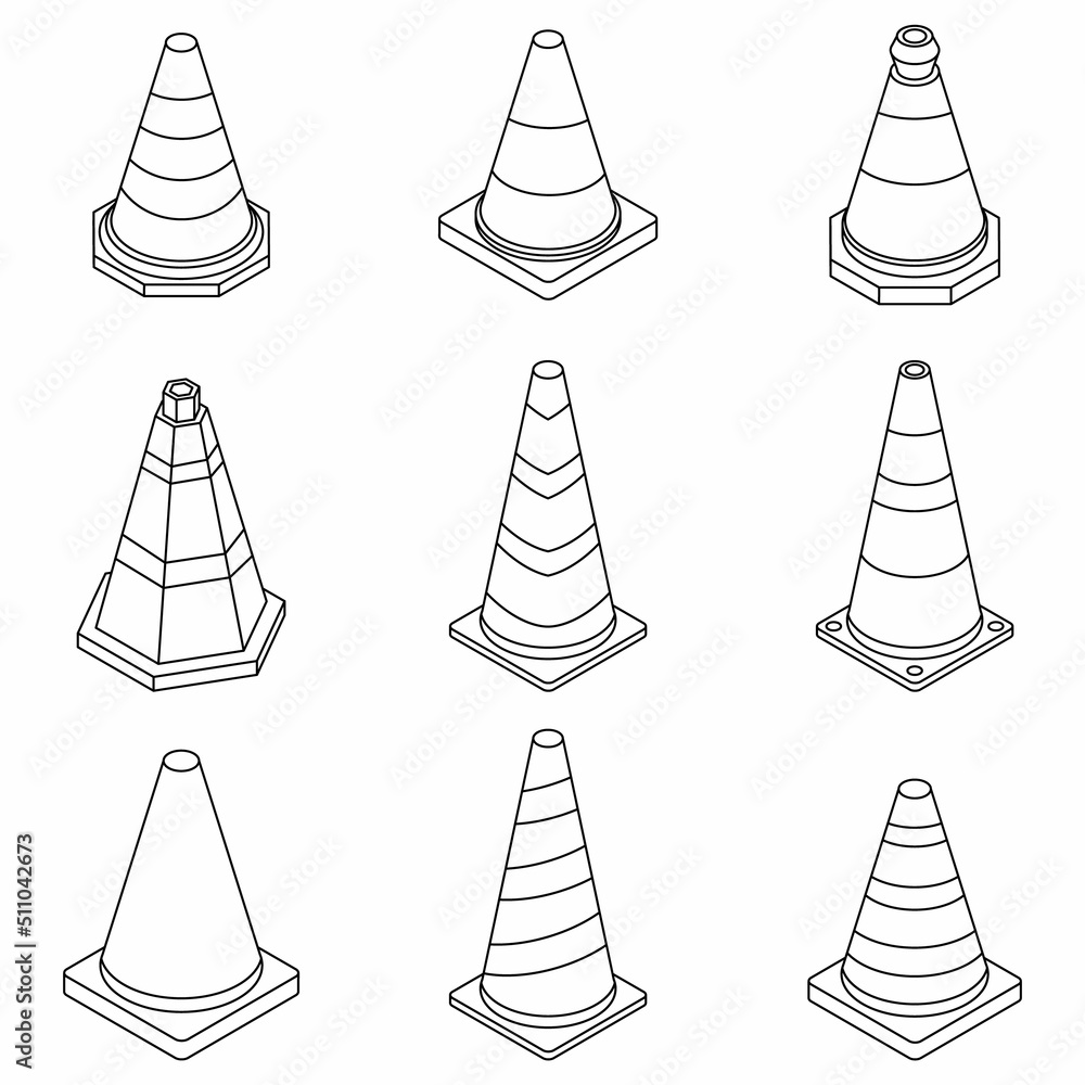 Poster cone traffic icon set. isometric set of cone traffic vector icons outline isolated on white backgrou