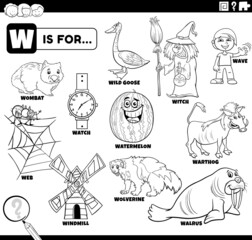 letter w words educational set coloring book page
