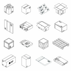 Parcel icon set. Isometric set of parcel vector icons outline isolated on white background