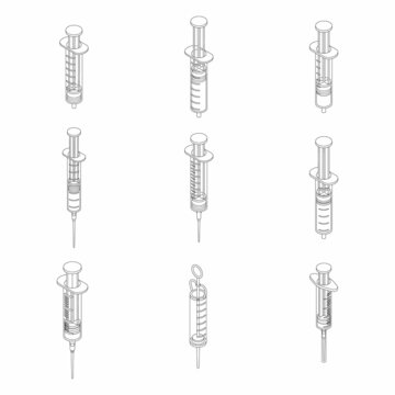 Syringe icon set. Isometric set of syringe vector icons outline isolated on white background