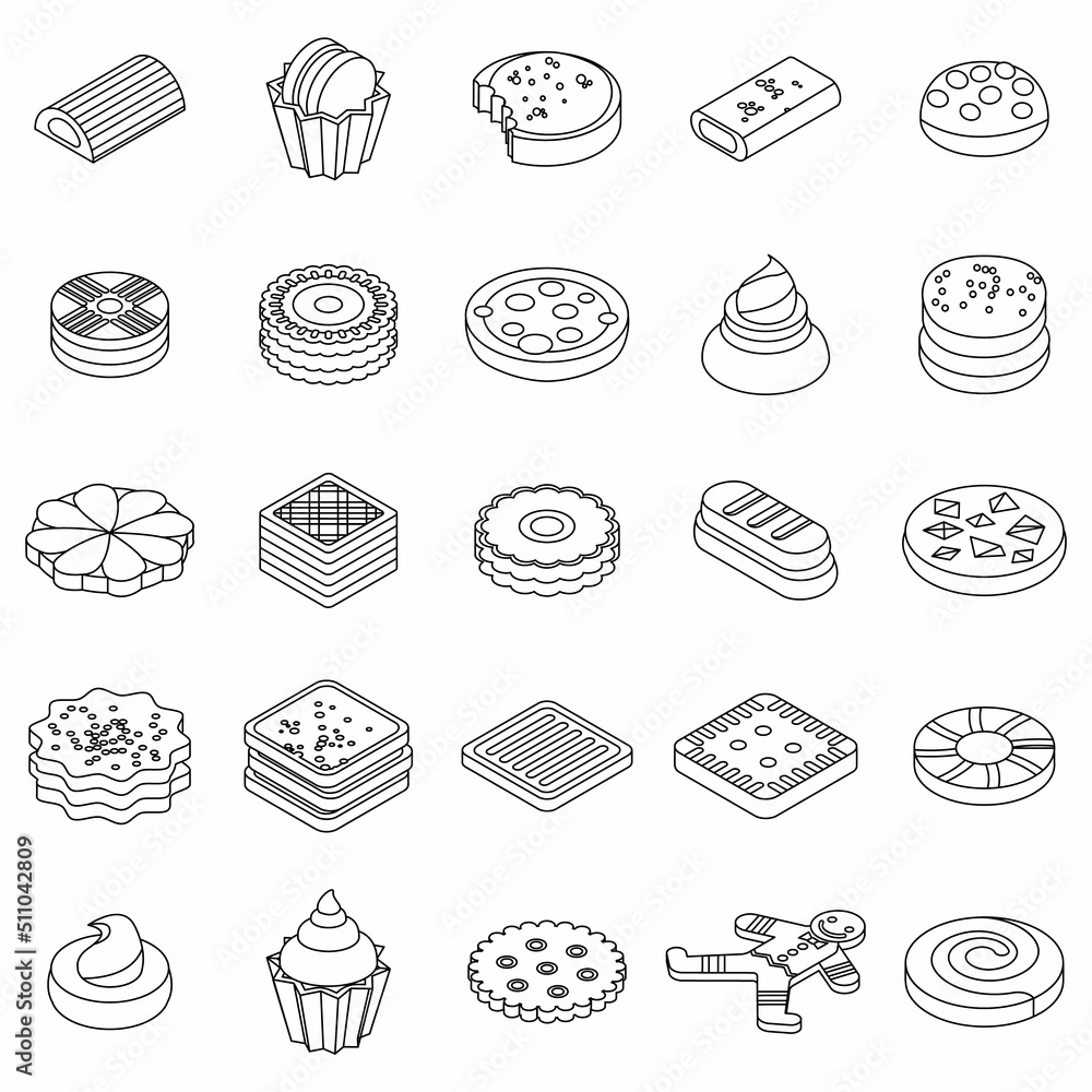 Poster cookies icon set. isometric set of cookies vector icons outline isolated on white background