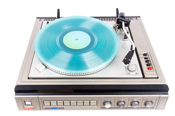 Fototapeta premium Vintage turntable record player with turquoise vinyl