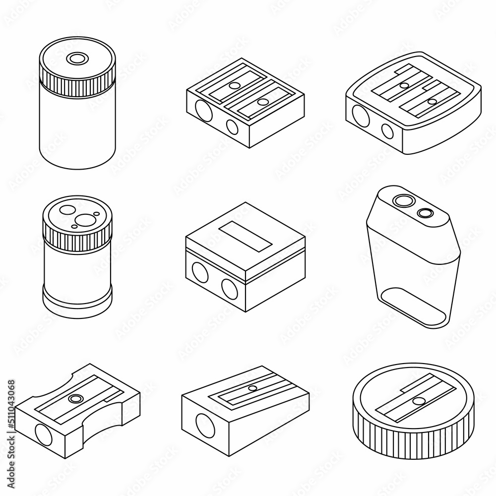 Poster sharpener icon set. isometric set of sharpener vector icons outline isolated on white background