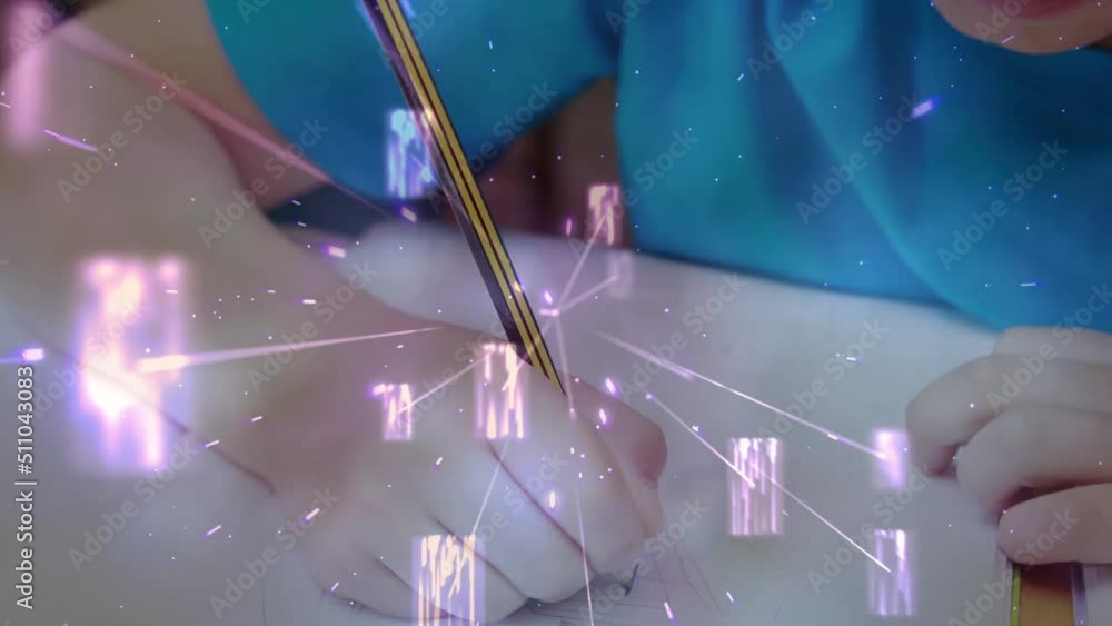 Poster animation of data processing over hands of caucasian child writing at school