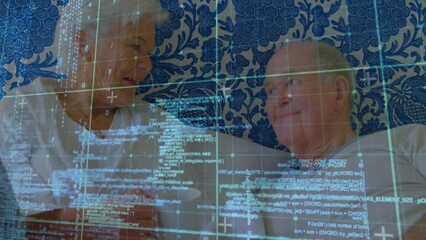 Animation of data processing over caucasian senior couple talking - Powered by Adobe