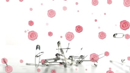 Animation of roses falling over safety pins on white background - Powered by Adobe