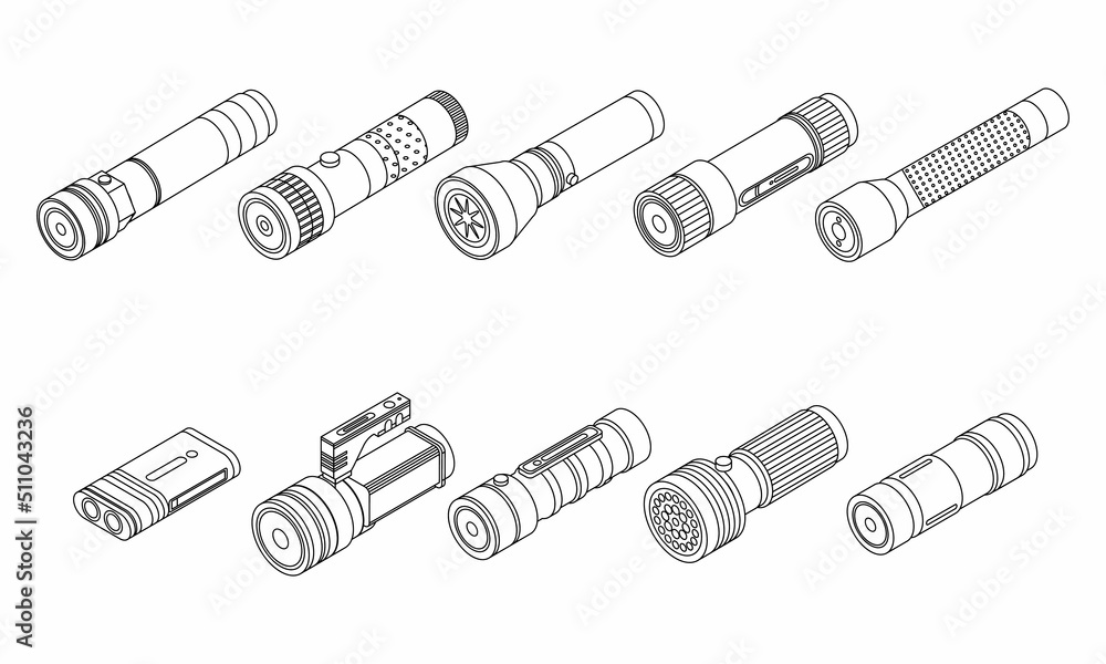 Poster flashlight icons set. isometric set of flashlight vector icons outline isolated on white background