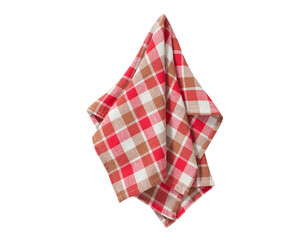 Red chekered napkin, nablecloth, dish towels with folds isolated on white
