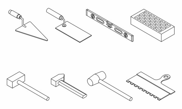 Masonry worker icons set. Isometric set of masonry worker vector icons outline isolated on white background
