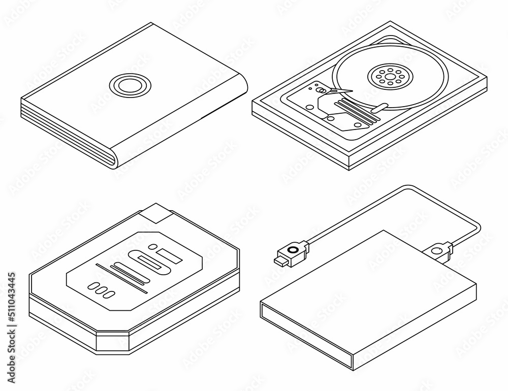 Poster hard disk icons set. isometric set of hard disk vector icons outline isolated on white background