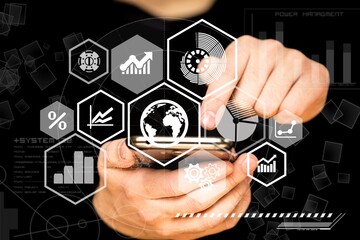 Businessman using smartphone or Tablet trading online in bitcoin forex stock market token...