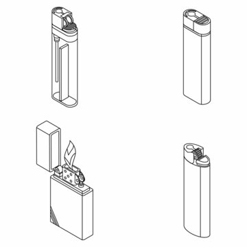 Cigarette lighter icons set. Isometric set of cigarette lighter vector icons outline isolated on white background