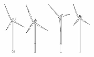 Wind turbine icons set. Isometric set of wind turbine vector icons outline isolated on white background © ylivdesign