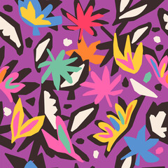 Modern abstract print with botanical shapes. Floral seamless pattern. Colorful groovy vector background. Stylized tropical flowers and leaves