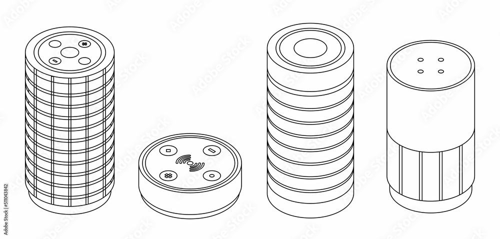 Poster smart speaker icons set. isometric set of smart speaker vector icons outline isolated on white backg