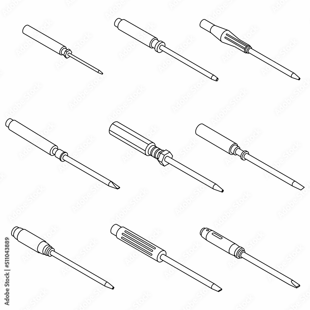 Poster screwdriver icons set. isometric set of screwdriver vector icons outline isolated on white backgroun