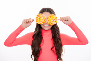 Teenage girl with lollipop, child eating sugar lollipops, kids sweets candy shop. Excited teenager...
