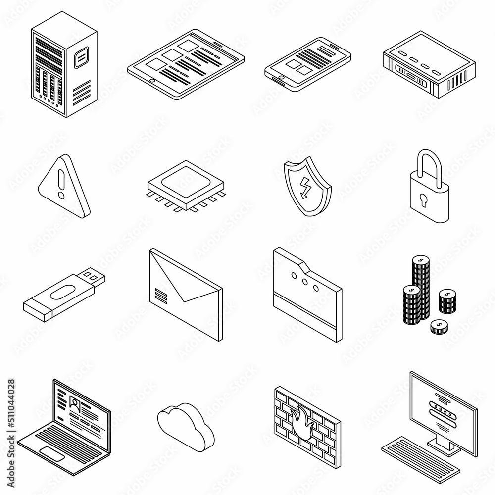 Poster firewall security icons set. isometric set of firewall security vector icons outline isolated on whi