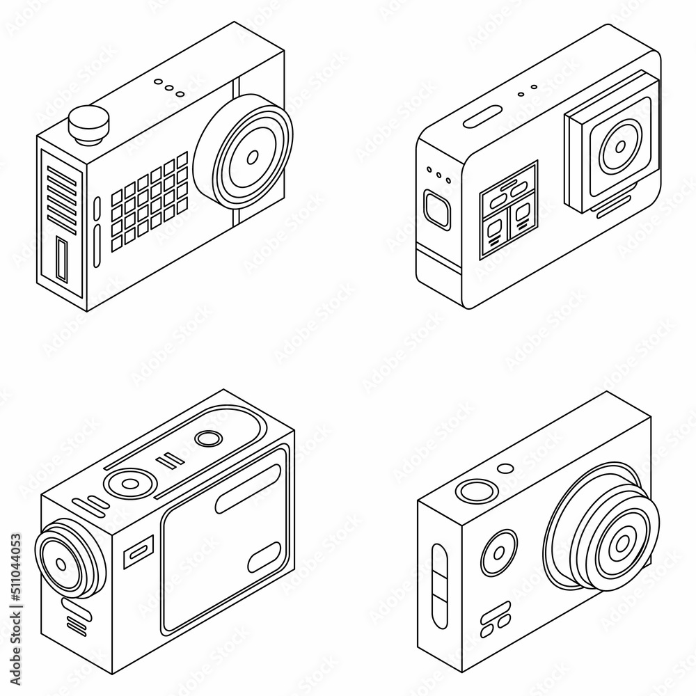 Poster action camera icons set. isometric set of action camera vector icons outline isolated on white backg