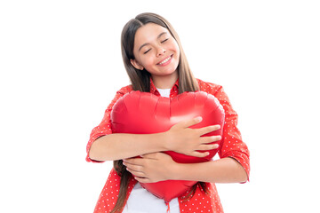 Lovely child teen girl with shape heart balloon, love holiday and valentine symbol. Valentine or birthday day. Gift heart present.