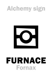 Alchemy Alphabet: FURNACE (Fornax), kiln, oven, stove; forge — device for melting metals, metallurgical equipment, chemical apparatus. Alchemical sign, Medieval symbol.