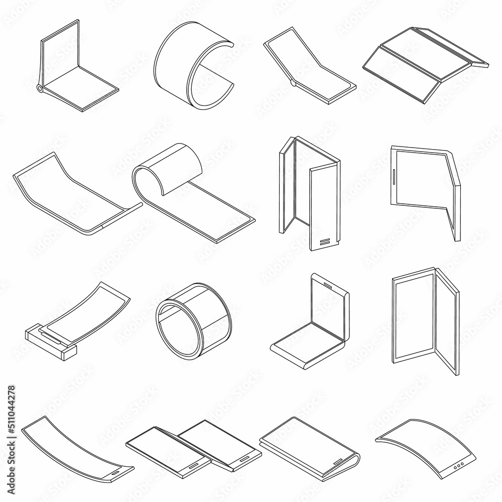 Poster flexible display icons set. isometric set of flexible display vector icons outline isolated on white