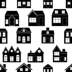 Seamless pattern with house. Black icon house in white background. House pattern. Collection of silhouettes buildings. Flat design for print on fabric, wallpaper, wrapping paper. Vector illustration