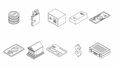 Fototapeta na wymiar Bank metals icons set. Isometric set of bank metals vector icons outline isolated on white background