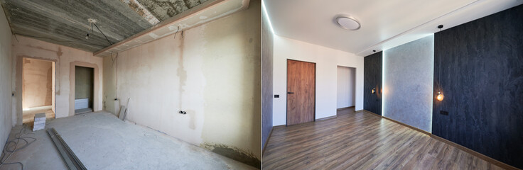 Comparison of old room with building tools and new renovated room. Photo collage of apartment...