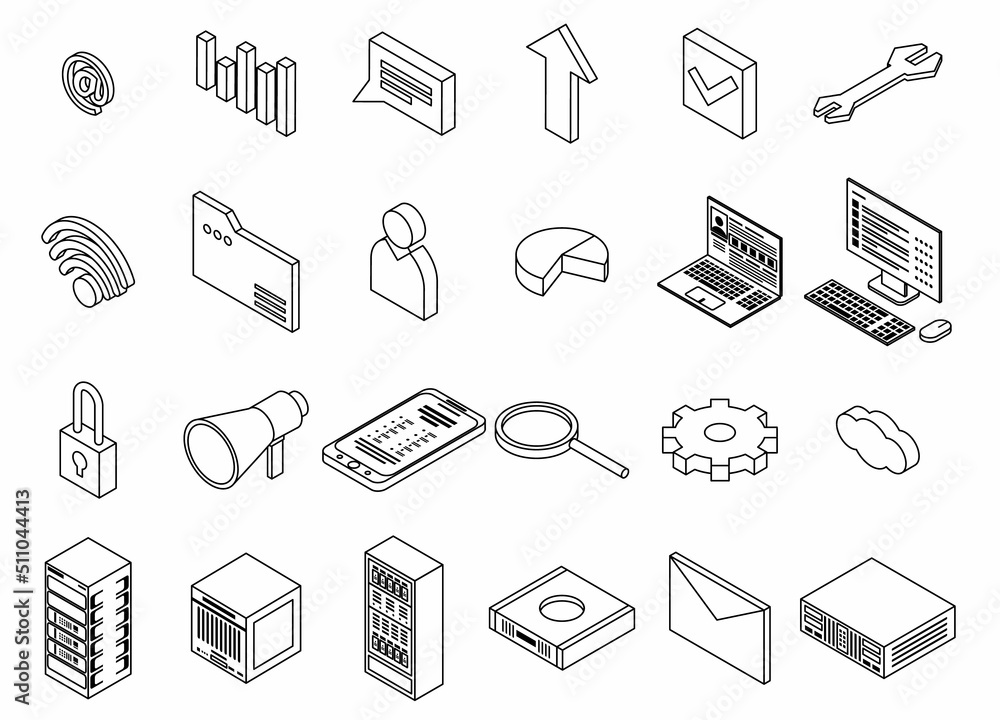 Poster data center icons set. isometric set of data center vector icons outline isolated on white backgroun