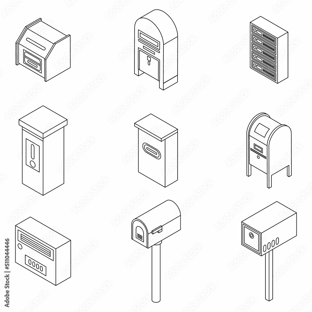Poster mailbox icons set. isometric set of mailbox vector icons outline isolated on white background