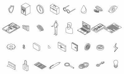 Biometric authentication icons set. Isometric set of biometric authentication vector icons outline isolated on white background
