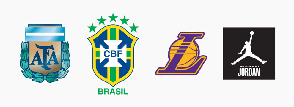 CBF Confederacao Brasileira de Futebol Logo, Michael Jordan Logo, AFA Logo, Los angeles Lakers Logo. Sports vector logo Isolated on white background. Editorial vector logo printed on paper.