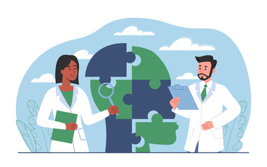 Mental illness concept. Man and girl studying person, doctors on background of abstract silhouette of head. Medical poster or banner for website, scientific research. Cartoon flat vector illustration